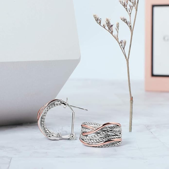 Mytys Two Tone Huggie Hoop Earrings Cross Over Design Twisted Rope Silver Gold Statement Wide Band Clip On Hoops for Women Fashion Jewelry Gift