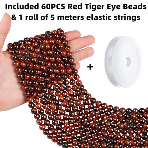 QINJIEJIE 60PCS Red Tiger Eye Beads 8mm Stone Beads Round Loose Gemstone Bead for Bracelet Beading Crystal Jewelry Making DIY Necklace Earrings 0.32" - color: Red Tiger's Eye, size: 60PCS