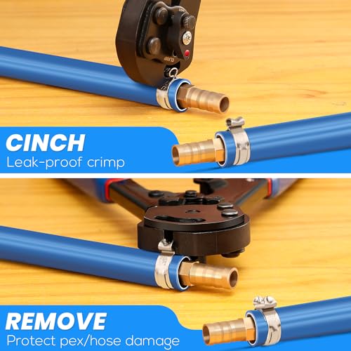 OURU 2 IN 1 Ratchet Pex Crimping Tool Cinch and Remove Combo Function Pex Pipe Crimp Tool from 3/8" to 1" Pex Crimper with Pex Cutter and Stainless Steel Pex Clamps 1/2" 25PCS,3/4" 10PCS - style: 2pcs Pex Tool Kit