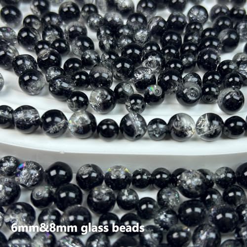 300pcs Crackle Glass Beads, 6mm and 8mm Black Crystal Glass Beads Round Loose Spacer Bulk Beads for DIY Craft Earring Necklace Bracelet Jewelry - color: Black