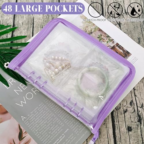 Bracelet Holder Travel Jewelry Organizer Case Transparent Jewelry Storage Book for Earring Necklace Ring with Small Clear Zippered Pouch - color: Purple,48 PCS Large Bags