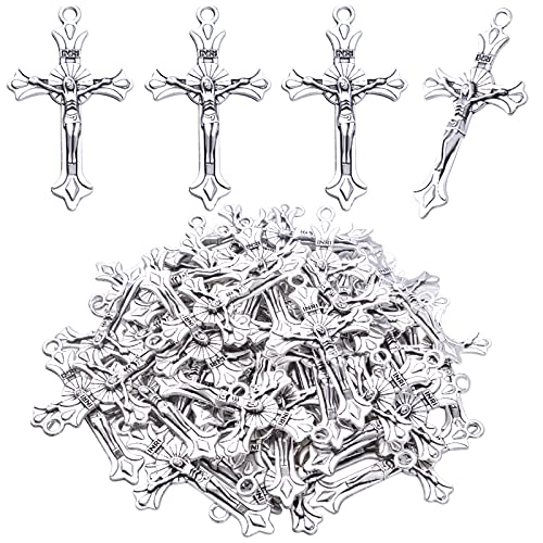 BronaGrand 50pcs Alloy Cross Charms Pendants Jewelry Rosary Cross Charms for DIY Bracelet Necklace Jewelry Making Findings,37×22mm - color: Silver