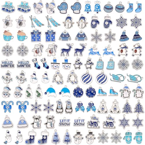 SANNIX 110Pcs/55 Pairs Christmas Winter Charms, Winter Charms for Jewelry Making, Assorted Snowflake Penguin Snowman Polar Bear Gold Enamel Charm Pendants for DIY Bracelet Necklaces Earrings Craft - style: Winter Charms