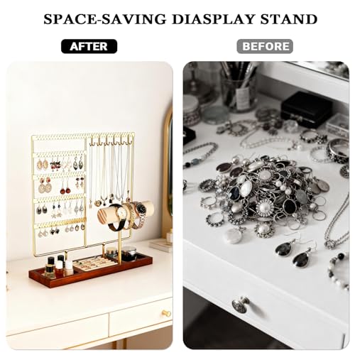 Ciormis Jewelry Stand Organizer, 5 Tier Jewlery Holder Towers Earring Display Rack with 72 Holes and 12 Hooks Necklace Hanger Tree for Necklace Bracelet Stud Earring Ring Women Mothers Gift (Gold) - color: Gold-new