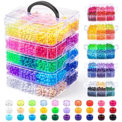 Umikk 5400Pcs Pony Beads, 30 Assorted Colored Beads for Bracelets Making Kandi Friendship Bracelet Craft Jewelry Making Hair Beading Christmas Gifts for Girls (3.1LB, Boxed) - color: red, yellow, blue, pink, purple, green