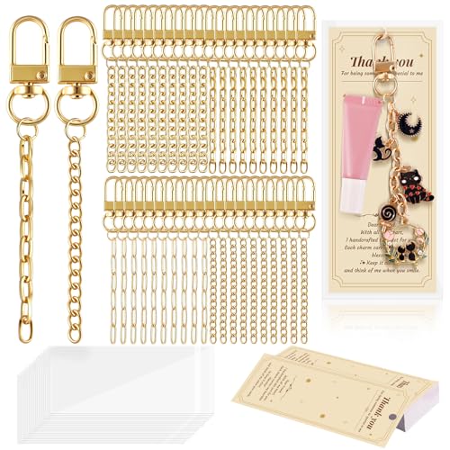 Wurosi 52 Set Lip Gloss Keychain Making Kit, Gold Keychain Clips Hooks with Extender Chain, Gift Bags, Thank You Cards, 5M Hemp Rope, for DIY Key Chain Making Crafts - color: 52 Set Keychain Making Kit