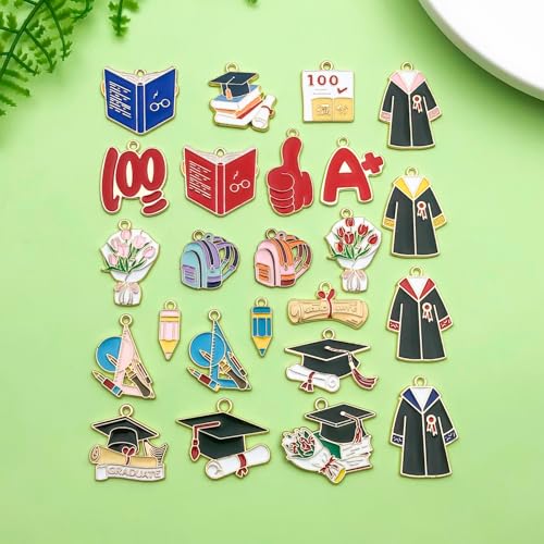 24pcs Alloy enamel graduation season series graduation hat academic dress backpack bouquet Jewelry Making DIY Keychain Earrings Pendant Various Design Charms for Jewelry Making Bracelets Necklace(SN751) - color: SN751