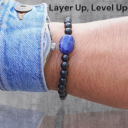 Black Obisidian Bracelets for Men 8" Inch Full Stretch Healing Crystal Bracelet, Beaded Charm Bracelet for Men Gifts Fathers Day Anniversary Birthday Gifts for Him - color: Black Obsidian & Lapis Lazuli Bracelets
