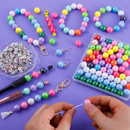 HUISUYTON 320 PCS Beads for Pens, 14 mm Focal Beads & 8 mm Rhinestone Spacers Bead, Fit for Beadable Pens Bracelets Keychains Jewelry Making, Rainbow Acrylic Bead, Christmas Gifts - color: 320 PCS 14mm Bubblegum Beads Set