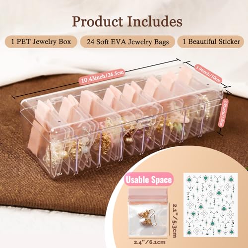 Jewelry Organizer and Storage Box with 24 EVA Anti Tarnish Bags, Travel Acrylic Case for Earrings, Necklaces & Rings, Elegant Gift for Women & Girls (S&Organizer(Brown)) - size: S&Organizer(Brown)