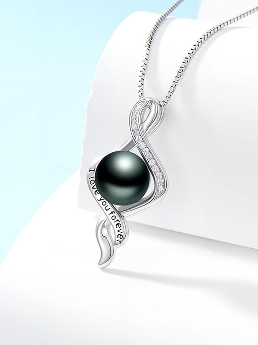 Tahitian Black Pearl 18K White Gold Plated Sterling Silver Heart/Infinity/Four Leaf Clover Pendant Necklace Jewelry Gifts for Women Wife Mom Girlfriend Wedding Birthday Anniversary Christmas