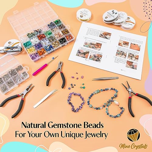 MineCrystals Jewelry Making Kit DIY Natural Crystal Chip Stones Beads Tools kit Jewelry Wires Findings Supplies Instruction Guide Gift Box for Adult Teens Craft Bracelet Earring Necklace