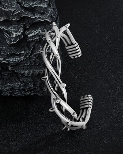 Stainless Steel Cuff Bracelet,Retro Gothic Punk Biker Cool Open Adjustable Cuff Bangle Bracelets Jewelry for Men Silver - style: Large Barbed Wire