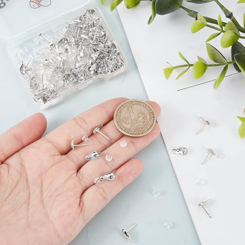 Beebeecraft 100Pcs Stud Earring with Loop 304 Stainless Steel Teardrop Post Earring Findings with Ear Nuts for Dangle Jewelry Making DIY Crafts Supplies Accessories - color: Stainless Steel Color
