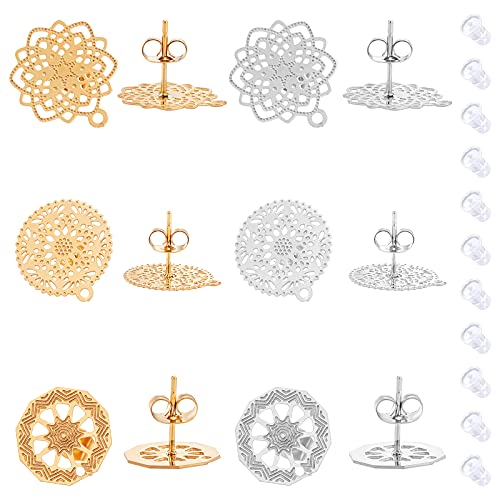 UNICRAFTALE 12pcs 3 Shapes 304 Stainless Steel Stud Earring Findings Mixed Shapes Stud Earring Findings Golden Stainless Steel Color Earrings Metal Ear Studs for DIY Jewelry Making Pin 0.7mm - color: 2 Colors/3 Styles Flower