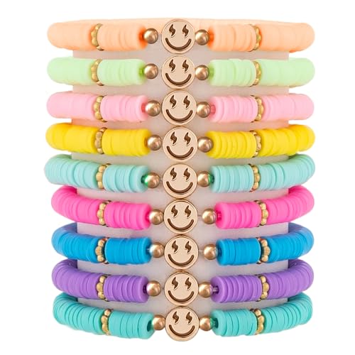 JIASHUYEYE Preppy Bracelets for Teen Girls - Stackable Boho Surfer Friendship Bracelets Set for Little Girls & Women - style: 9Pcs - Smiley Face B