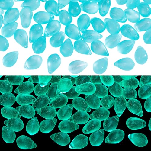 PH PandaHall 150Pcs Glow in The Dark Beads UV Glow Beads Fishing, 9x6mm Pale Turquoise Glass Teardrop Bead Frosted Bead Luminous Green Light in The Dark for Jewelry Making DIY Crafts