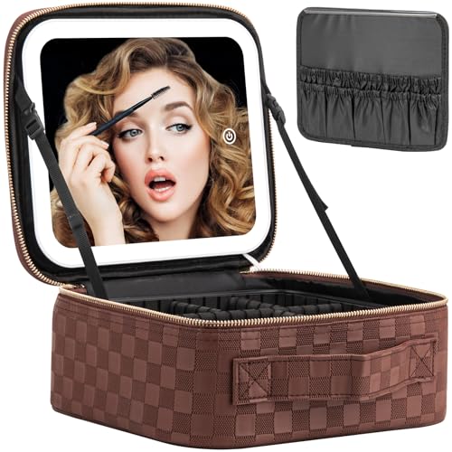 Extrei Gent Makeup Travel Train Case with Mirror LED Light 3 Adjustable Brightness Large Cosmetic Bag Portable Storage Adjustable Partition Waterproof Makeup Brushes Make up Jewelry Gift for Women - color: Plaid Brown