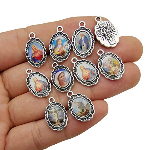 50pcs Antique Silver Picture Jesus Enamel Our Lady Miraculous Medal Floral Rosary Centerpiece Alloy Crucifix Cross Mother's Day Pendants Charms for Jewelry Making (M218) - color: M218-50