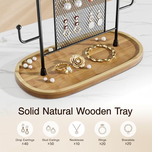 bussdis Jewelry Holder Organizer Earring Display - Stands Earring Storage Earring tree Hanger Jewelry Towers Rack with 6 Hooks 300 Stud Holes Wood Tray for Necklaces Bracelets Rings - color: Black