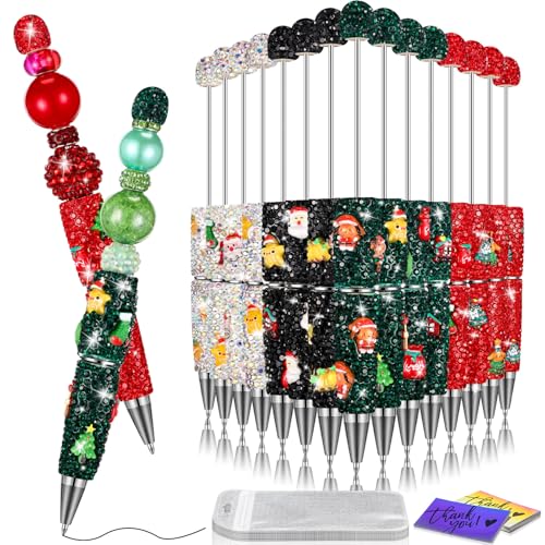 Tondiamo 45 Pcs Full Rhinestone Beadable Pens Bulk Set 15 Glitter Diamond Pens with Cards & Bags Fancy Beaded Pen for Beads DIY Cute Journalling Bling Ballpoint Craft Making(Christmas Diamonds) - style: Christmas Diamonds
