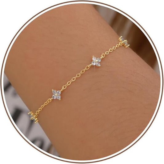 JSJOY Birthstone Bracelets for Women, 14K Gold Bracelets for Women Mom Gifts Birthday Valentines Day Gifts for Gf Dainty Flower Gift for Her Birthstone Bracelet Mothers Day Gift