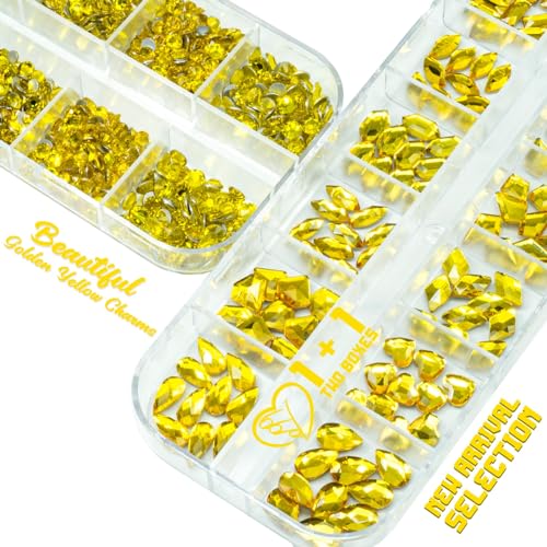 qiipii 2630Pcs Golden Yellow Nail Rhinestones 120 Multi Shapes Crystal Flatback Gems +2510 Round Beads Glass Stones Diamonds Jewels w Tweezer & Wax Pen for DIY Face Eye Mackup Clothes Shoes - color: Golden Yellow, size: A Set