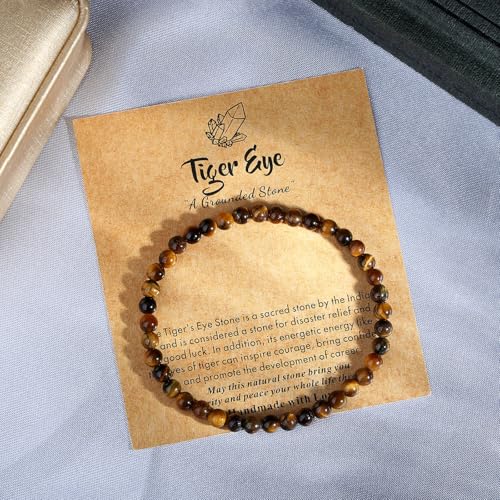 MAIBAOTA Healing Crystal Bracelet for Women Men, 8/4 mm Natural Stone Beaded Bracelets, Jewelry Birthday Gifts, Round Gemstones Stretch Bracelets - color: Brown-Tiger Eye, size: 4 mm