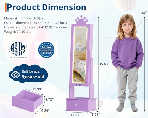 Kids Jewelry Armoire Cabinet with Full-Length Mirror, 46" Jewelry Armoire with Led Light, Kids Jewelry Organizer with 3 Storage Drawers, Kids Vanity Dress Up Mirror Jewelry Cabinet for Girls(Purple) - size: purple