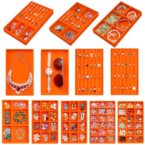 12 Pcs Jewelry Tray Velvet Jewelry Drawer Organizer Necklace Bracelet Display Tray for Earring, Ring, Brooch, Watch - color: Orange, size: 12 Pcs