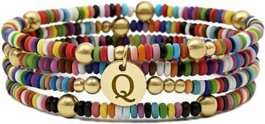 Set of 4 Colorful Bead Initial Bracelets, Personalized Stackable Jewelry, Adjustable Stretchy Charm Bracelets for Women, Beaded Bracelet Set, Trendy Custom Jewelry Gift