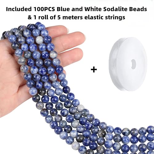 QINJIEJIE 100PCS Blue and White Sodalite Beads 8mm Natural Stone Beads Round Loose Gemstone Bead for Bracelet Beading Crystal Jewelry Making DIY Necklace Earrings 0.32" - color: Blue and White Sodalite, size: 100PCS