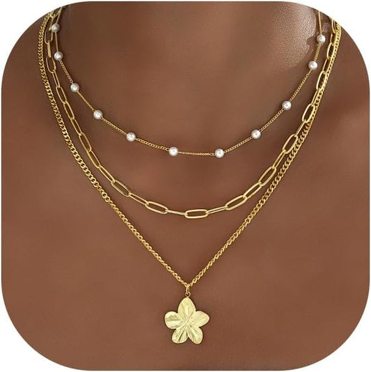 YEEZII Layered Gold Necklaces for Women Trendy, 3 Pcs 14K Gold Plated Choker Paperclip Box Chain Necklace, Stackable Women's Gold Pendant Necklaces Jewelry Set