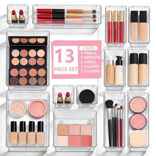 13 Pcs Desk Organizer Tray for Makeup, 5 Sizes Vanity Makeup Drawer Organizer Set, Non-Slip Desk Drawer Organizer Trays for Bathroom, Bedroom, Office, Fits Jewelry - size: 13Pack