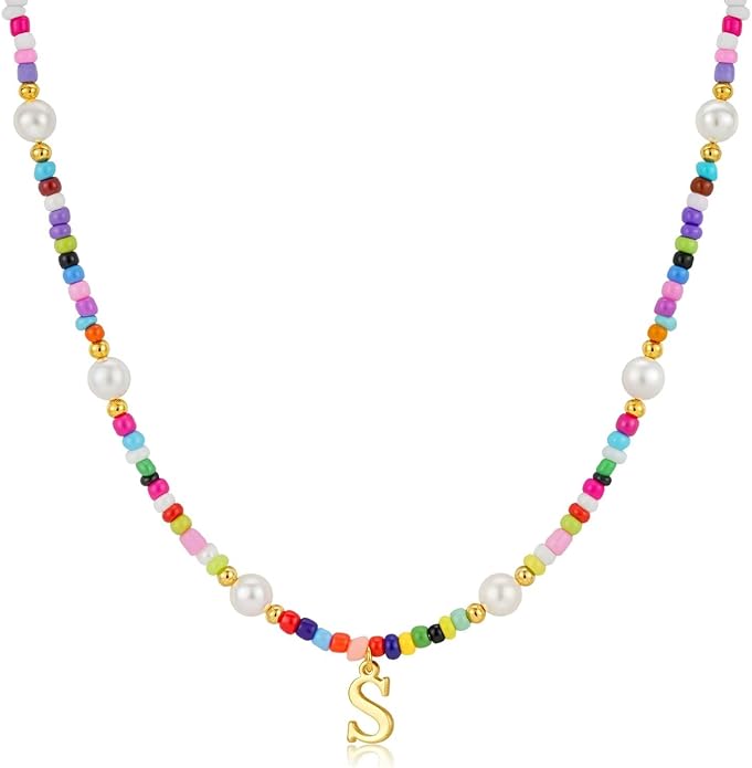 M MOOHAM Valentines Day Gifts for Kids Teen Girls - Colorful Initial Necklaces for Girls Women Kids, Beaded Pearl Choker Necklace for Women Trendy, Birthday Gifts Teenage Girl Teen Kid Jewelry