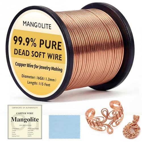 16 Gauge/1.3mm Copper Wire for Gardening & Jewelry – 115 Feet 1 Pound Spool with Polishing Cloth & COA – 99.9% Pure Dead Soft Bare & Skin Safe Uncoated Craft Wire for Wire-Wrapped Trees - size: 16 Gauge, style: 1 Pound