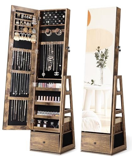 Nicetree 360°Swivel Jewelry Cabinet, Rotatable Full Length Mirror with Jewelry Storage, Standing Jewelry Armoire Organizer, Lockable Jewelry Organizer with 3 Rear Shelves, Bottom Drawer, Rustic Brown - color: Rustic Brown