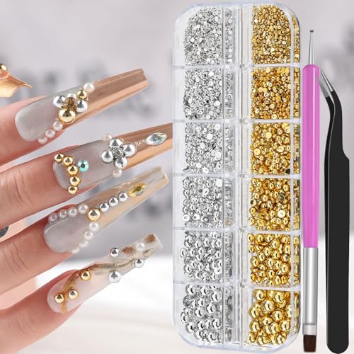 Gold and Silver Nail Charms and Gems, 1.5-5mm Half Round Flatback Nail Pearls Ball Beads Silver Gold Pearls for Nails with Pickup Pencil and Tweezers (12-K1-half-pearls-gold-silver) - color: 12-K1-half-pearls-gold-silver