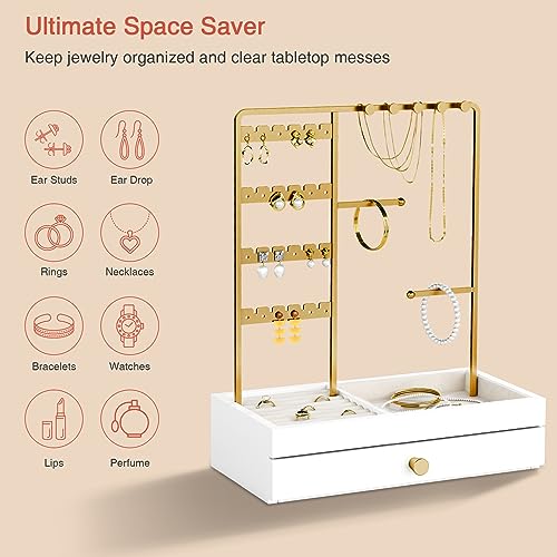 Goozii Gold Jewelry Stand Organizer Necklace Holder, Birthday Gifts for Women Girls, Small Jewelry Stand for Earrings Rings Bracelets, Velvet Jewelry Hanger Tree, Mothers Day Gifts - White and Gold - color: White and Gold