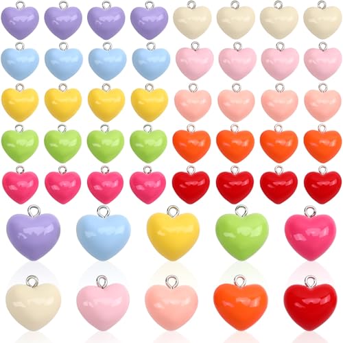 Augshy 64 Pcs Heart Resin Charms, Valentines Candy Love Heart Charm Bulk Colorful Valentine Pendant for DIY Jewelry Bracelets Necklace Earring Keychains Crafts Decorations - style: Heart-Shaped Style