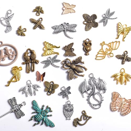 stino 100g Metal Pendant Charms for Jewelry Making, Bulk Silver & Gold Plated Charms for Braclet Necklace Crafts, Animal Plant Flower Pet and so on - color: Insects and Birds Mixed Color