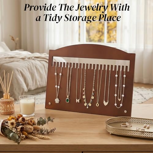 SCUNDA Wooden Jewelry Stand, Wooden Necklace Display Stand with 23 Slots, Real Wood Jewelry Organizer Board for Women, Portable Necklace Holder for Craft Fairs, Home, and Exhibitions, 11" x 7.9"