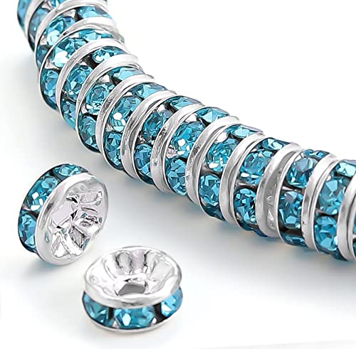 200Pcs 6mm Rondelle Spacer Beads Silver Plated Lake Blue Crystal Rhinestone for Jewelry Making Loose Beads for Bracelets - color: lake blue, size: 6mm