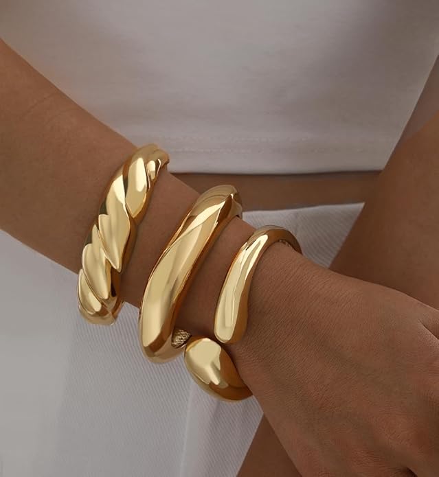Chunky Gold Bangle Bracelets for Women, Dainty 14k Gold Plated Big Stackable Bangles Set, Trendy Statement Cuff Bracelet Stack Fashion Jewelry Christmas Gifts
