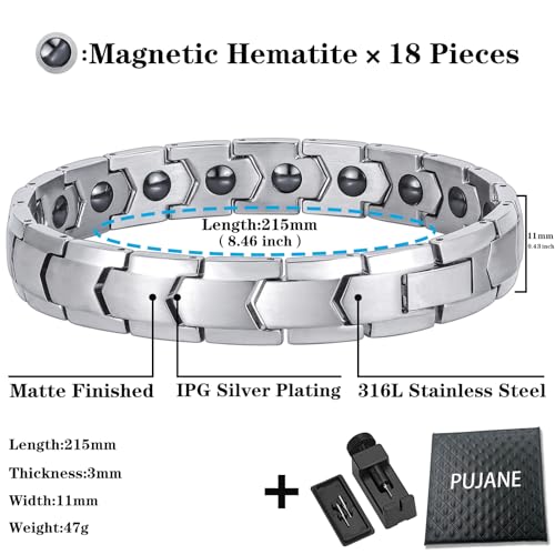 Magnetic Hematite Bracelets for Men Women 316L Stainless Steel Power Balance Energy Magnets Stones Bracelet Jewelry Gift with Adjustment Tool - color: Silver