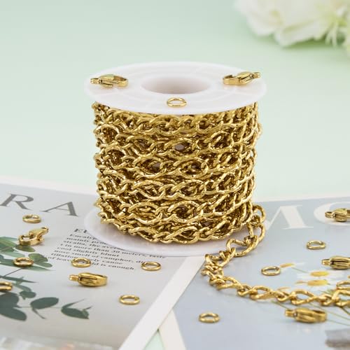 KYUNHOO 13 Feet Gold Plated Stainless Steel Bulk Chains for Jewelry Making Embossed Rhombic Chain Links with Lobster Clasps Jump Rings for Necklace DIY Supply Jewelry Findings - color: Twist Gold