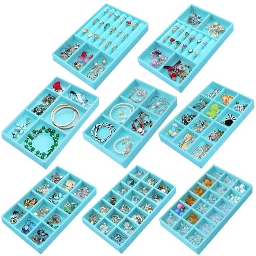 8 Pcs Velvet Jewelry Tray Stackable Jewelry Drawers Organizer Trays Rings Earrings Bracelet Organizer (8.2" x 5" x 1") - color: Blue, size: 8 Pcs