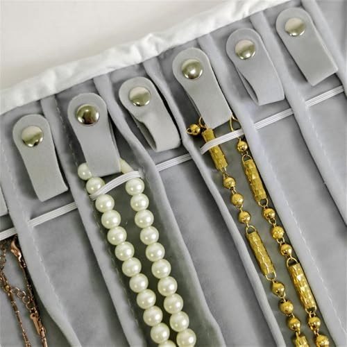 Portable Jewelry Roll Untangled Secure Necklace Travel Storage Bag Displays Holder 16 Chain (Gray PU and Gray Velvet) - color: Gray PU and Gray Velvet