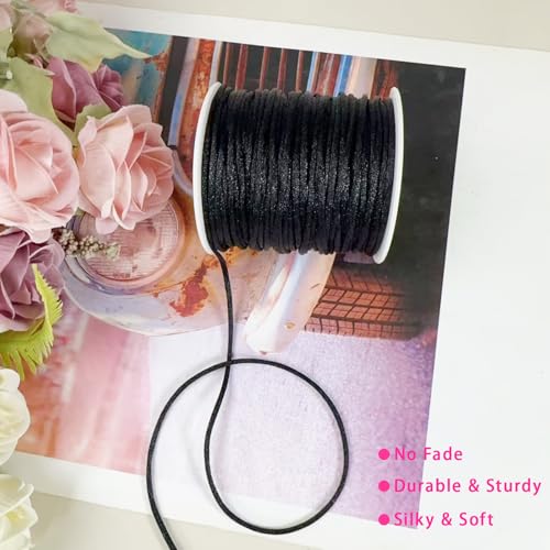 100 Yards Nylon Satin Cord, Rattail Silk Trim Beading Thread for Chinese Knotting, Kumihimo, Beading, Macramé, Jewelry Making, Sewing, DIY (20 Black)