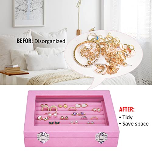 Vicoter Rings Organizer Tray 7 Slots Velvet Jewelry Earring Storage Box with Transparent lid Jewelry Display Case for Girls Wife Mom Women (Pink) - color: Pink